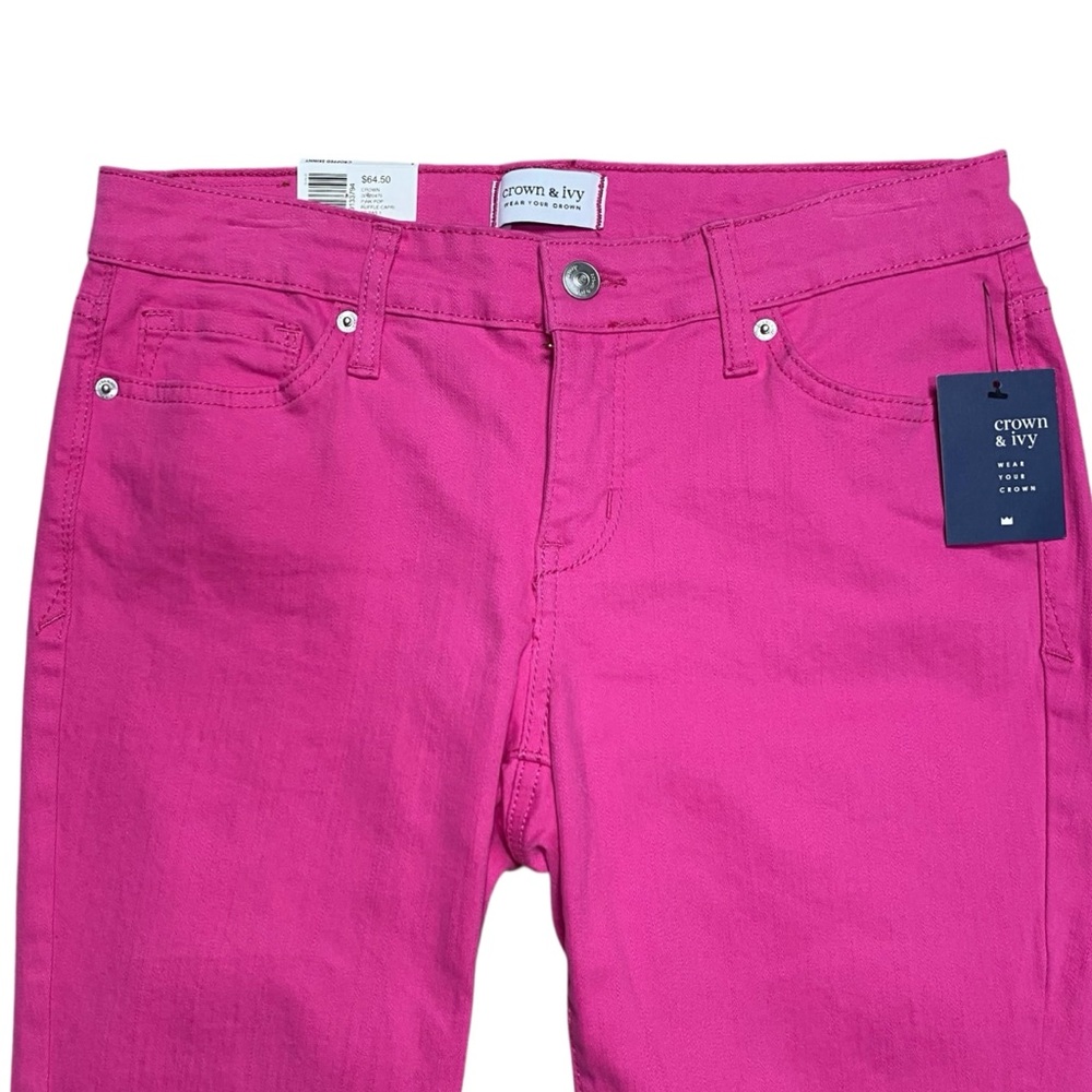 CROWN & IVY Crop Ruffle Capri Denim Jeans Pants Hot Pink Sz 4 NWT - Picture 3 of 7